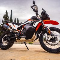 Scarico compatibile con Ktm Adventure 890 2021-2023, Dual Poppy, Scarico omologato, silenziatore con db killer estraibile e raccordo specifico