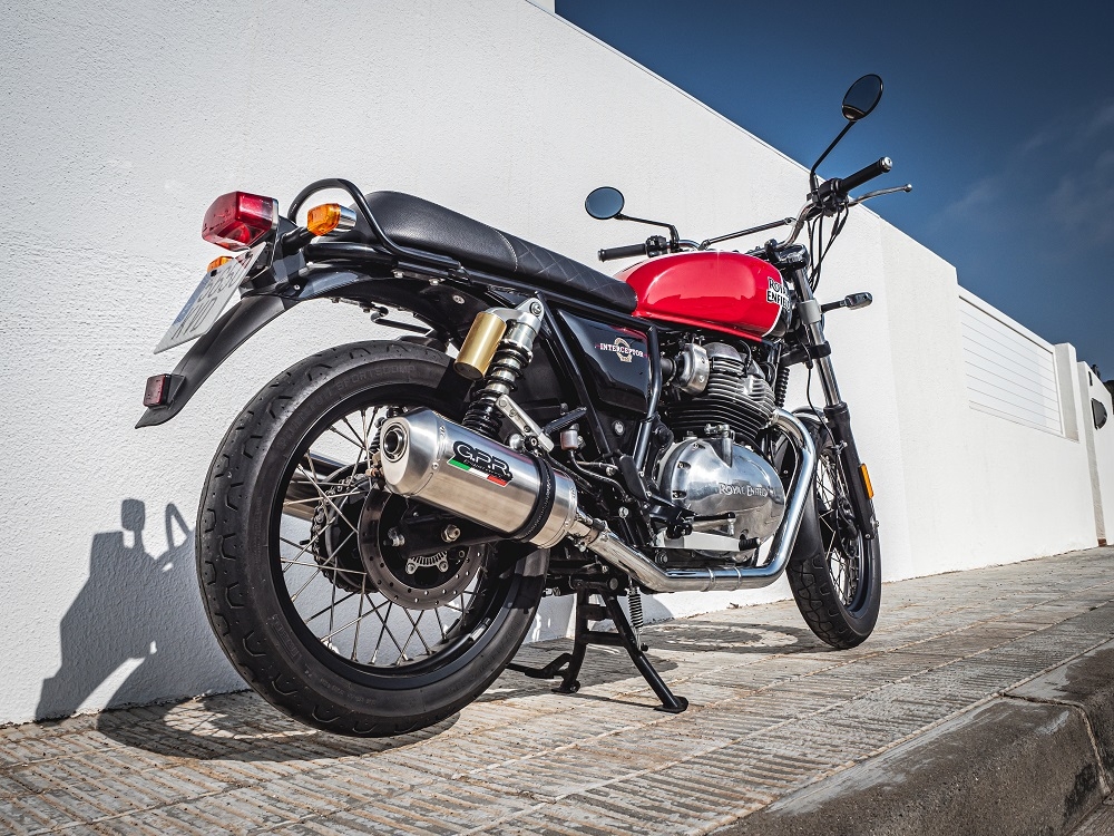 Scarico compatibile con Royal Enfield Interceptor 650 2021-2024, Satinox, Coppia di terminali di scarico omologati, forniti con db killer removibile, catalizzatori e raccordi specifici