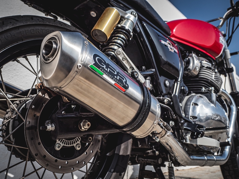Scarico compatibile con Royal Enfield Interceptor 650 2021-2024, Satinox, Coppia di terminali di scarico omologati, forniti con db killer removibile, catalizzatori e raccordi specifici
