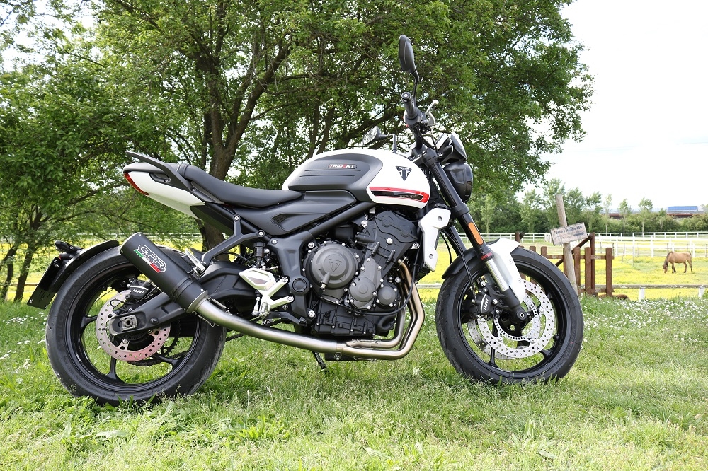 Scarico compatibile con Triumph Trident 660 2021-2024, M3 Black Titanium, Scarico completo omologato,fornito con db killer estraibile,catalizzatore e collettore