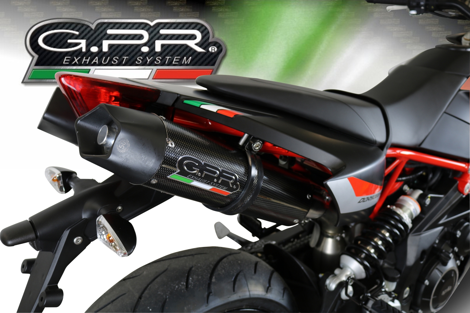 Exhaust compatible with Aprilia Dorsoduro 900 2017-2020, GP Evo4 Poppy, Dual Homologated legal slip-on exhaust including removable db killers and link pipes 