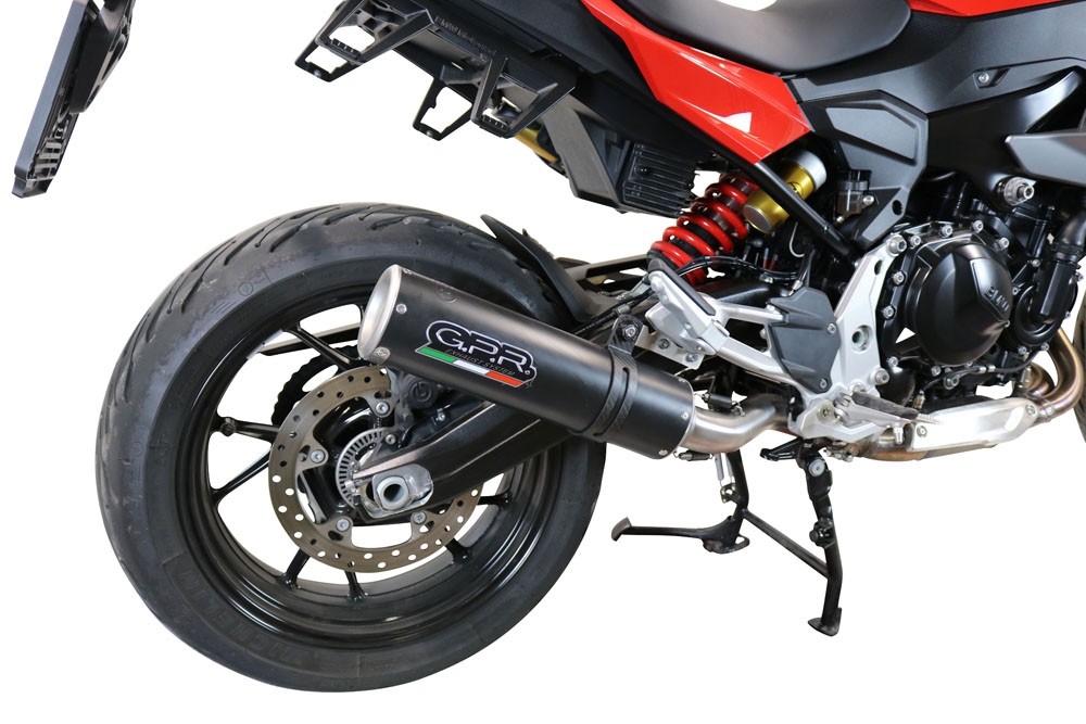 Exhaust system compatible with Bmw F 900 XR/R 2020-2024, M3 Black Titanium, Homologated legal slip-on exhaust including removable db killer and link pipe 