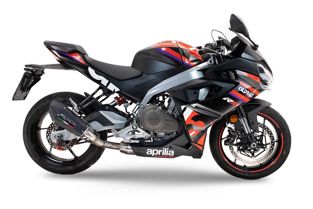 Scarico compatibile con Aprilia RS 457 2024-2025, Gpe Ann. Black titanium, Scarico completo racing, fornito con db killer estraibile e collettore, non conforme per uso stradale