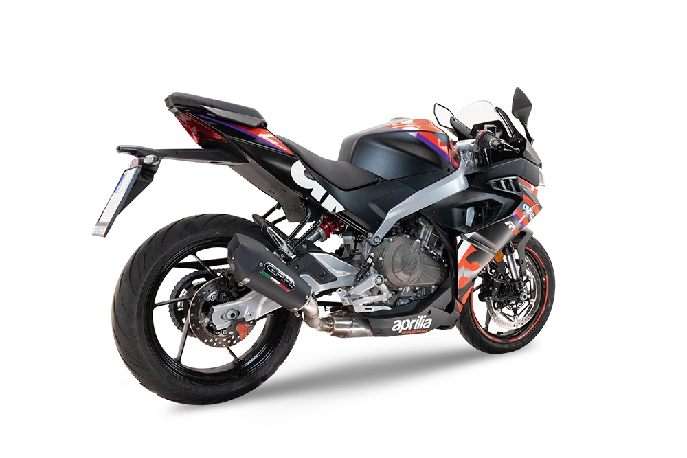 Scarico compatibile con Aprilia RS 457 2024-2025, Gpe Ann. Black titanium, Scarico completo racing, fornito con db killer estraibile e collettore, non conforme per uso stradale