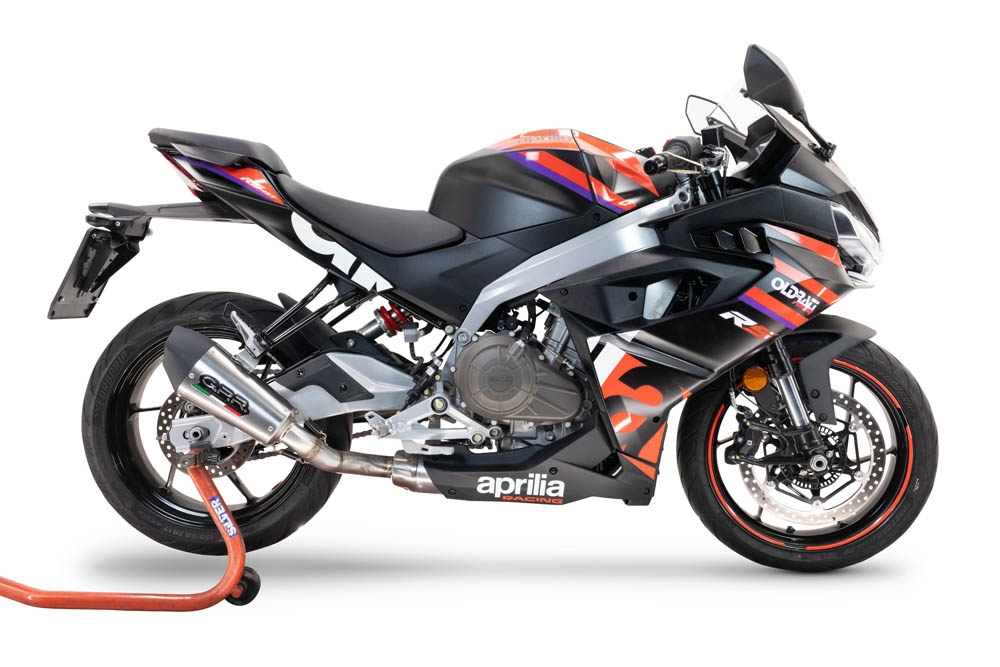 Scarico compatibile con Aprilia RS 457 2024-2025, Gpe Ann. titanium, Scarico completo racing, fornito con db killer estraibile e collettore, non conforme per uso stradale