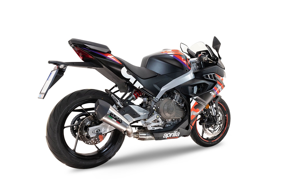 Scarico compatibile con Aprilia RS 457 2024-2025, Gpe Ann. titanium, Scarico completo racing, fornito con db killer estraibile e collettore, non conforme per uso stradale