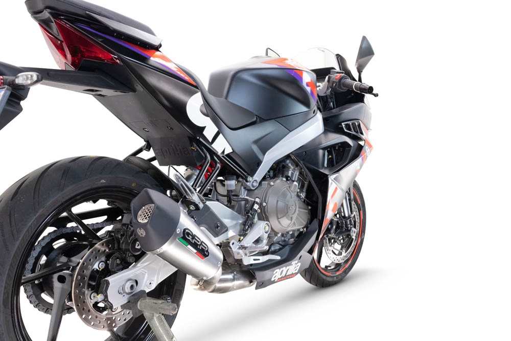 Scarico compatibile con Aprilia RS 457 2024-2025, Gpe Ann. titanium, Scarico completo racing, fornito con db killer estraibile e collettore, non conforme per uso stradale