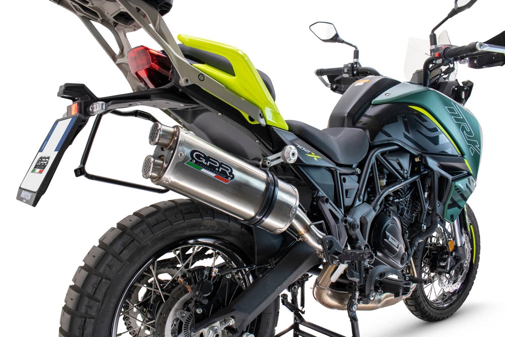 Scarico compatibile con Benelli Trk 702 2023-2024, Dual Inox, Scarico omologato, silenziatore con db killer estraibile e raccordo specifico