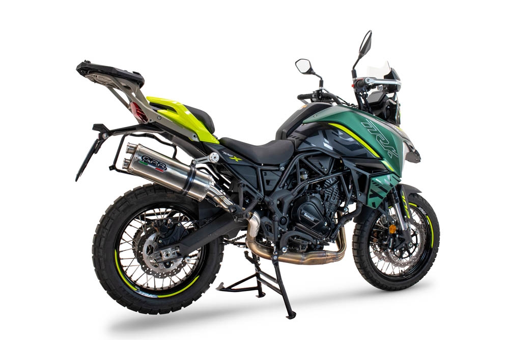 Scarico compatibile con Benelli Trk 702 2023-2024, Dual Inox, Scarico omologato, silenziatore con db killer estraibile e raccordo specifico