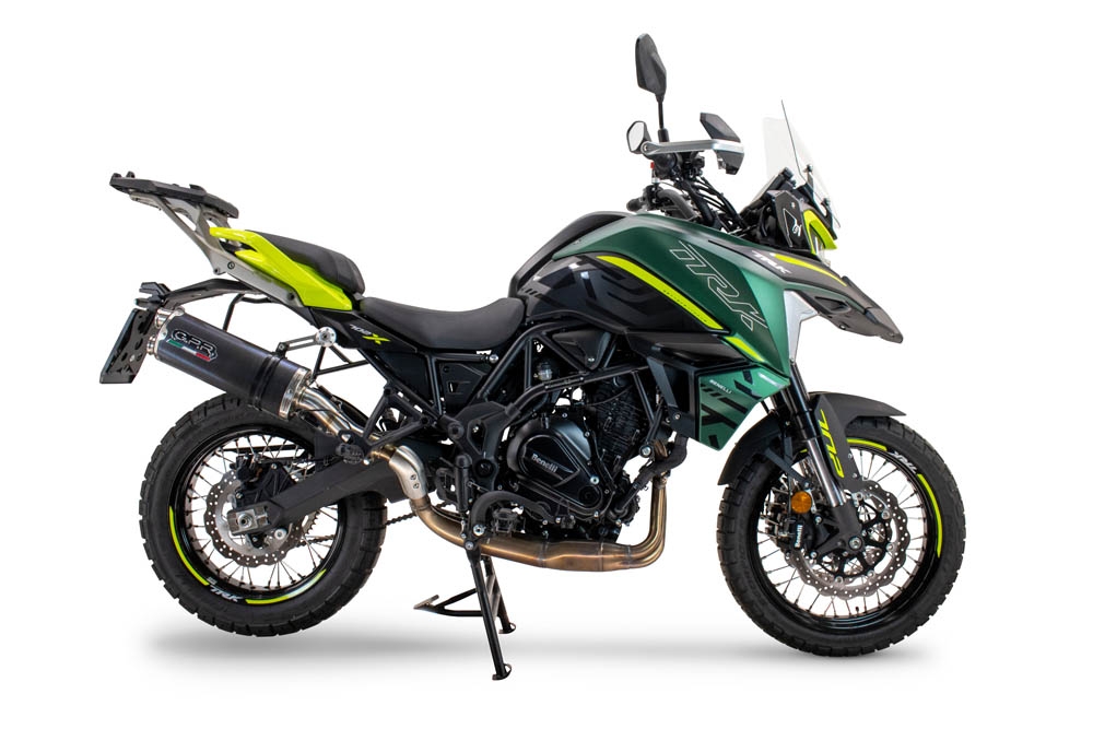 Exhaust compatible with Benelli Trk 702 2023-2024, Dual Poppy, Homologated legal slip-on exhaust including removable db killer and link pipe 