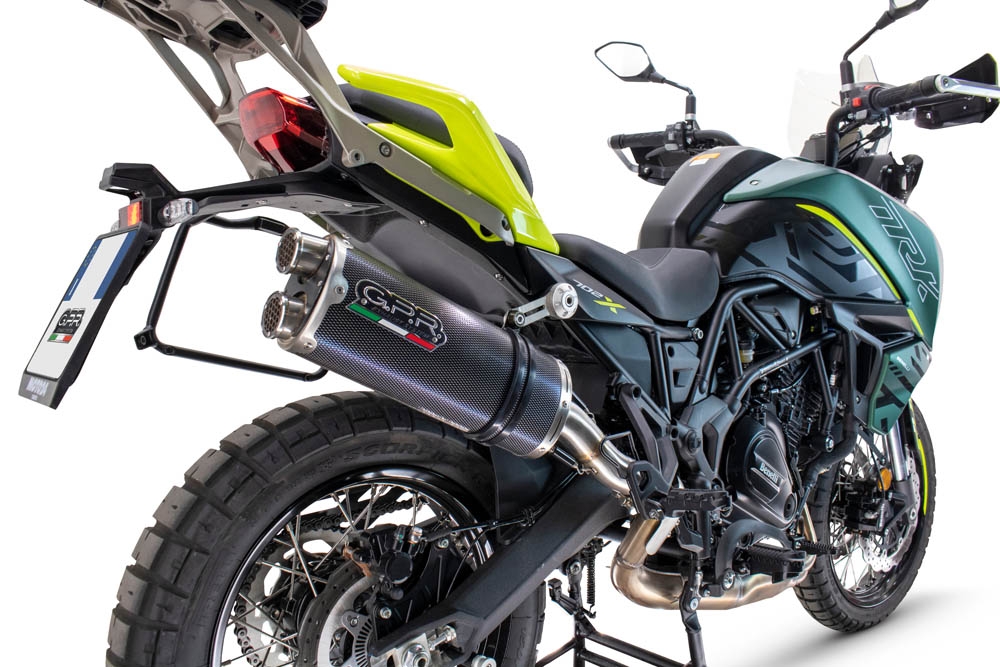 Exhaust compatible with Benelli Trk 702 2023-2024, Dual Poppy, Homologated legal slip-on exhaust including removable db killer and link pipe 