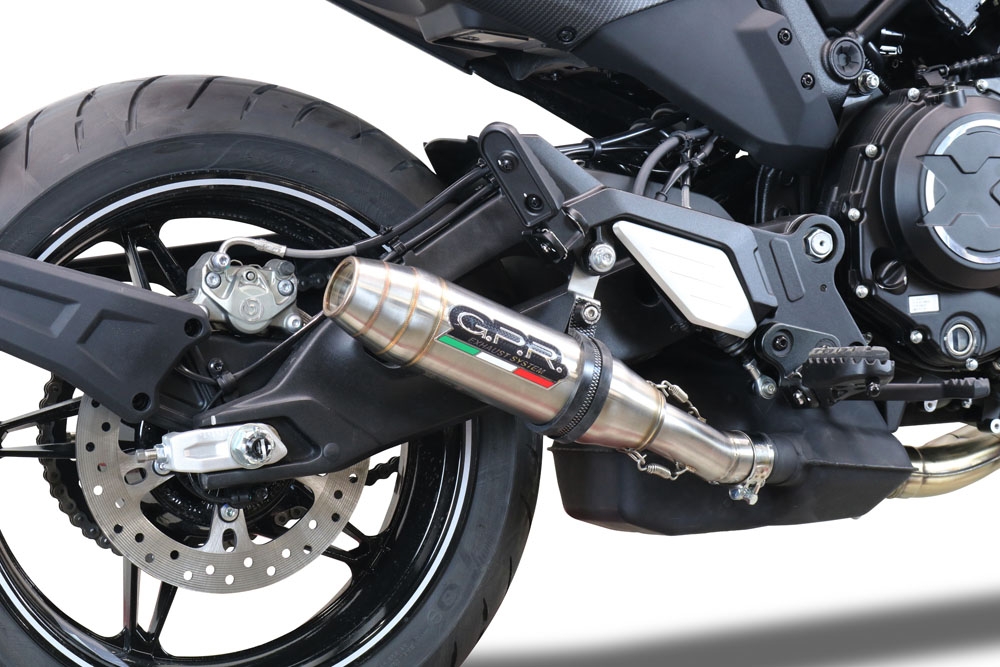 Exhaust system compatible with Cf Moto 700 CL-X Adv 2022-2024, Deeptone Inox, Homologated legal slip-on exhaust including removable db killer and link pipe 
