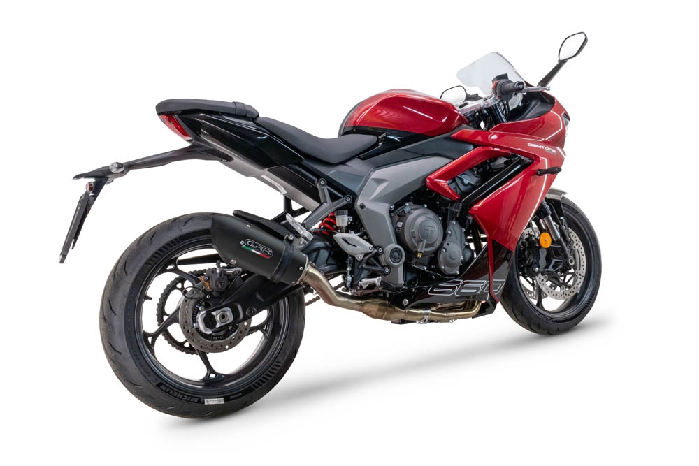 Scarico compatibile con Triumph Daytona 660 2023-2025, Gpe Ann. Black titanium, Scarico completo omologato,fornito con db killer estraibile e collettore