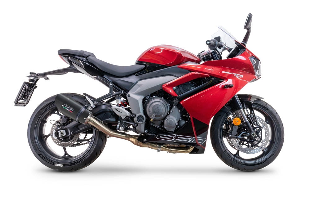 Scarico compatibile con Triumph Daytona 660 2023-2025, Gpe Ann. Black titanium, Scarico completo omologato,fornito con db killer estraibile e collettore