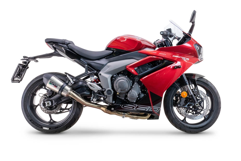Scarico compatibile con Triumph Daytona 660 2023-2025, Gpe Ann. titanium, Scarico completo omologato,fornito con db killer estraibile e collettore, legale solo per alcuni mercati extracee