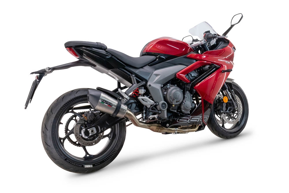 Scarico compatibile con Triumph Daytona 660 2023-2025, Gpe Ann. titanium, Scarico completo omologato,fornito con db killer estraibile e collettore, legale solo per alcuni mercati extracee