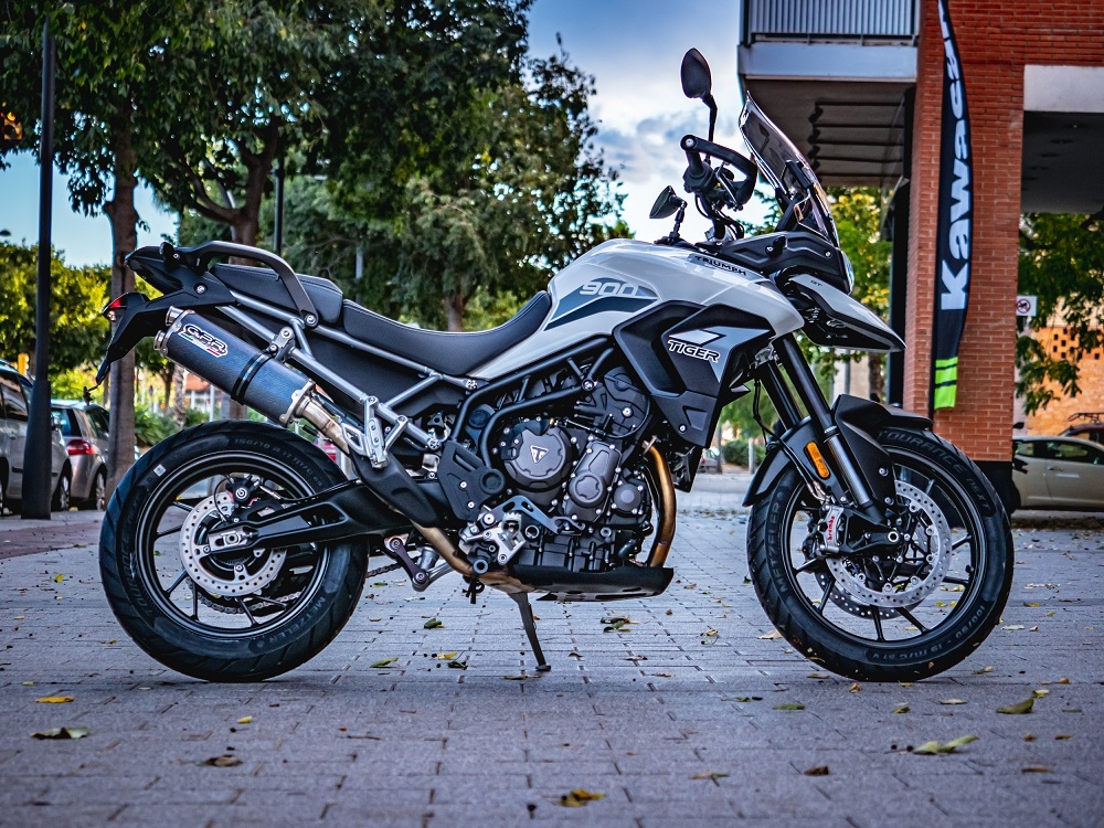Exhaust compatible with Triumph Tiger 900 2020-2023, Dual Poppy, Homologated legal slip-on exhaust including removable db killer and link pipe 