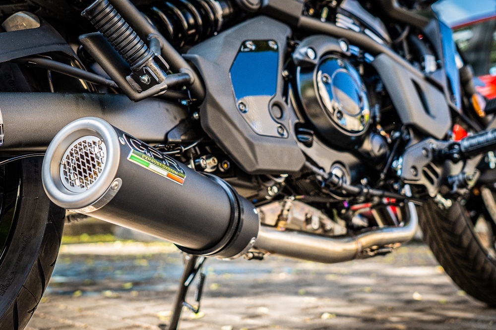 Exhaust system compatible with Kawasaki Vulcan 650 S 2015-2023, M3 Black Titanium, Homologated legal full system exhaust, including removable db killer and catalyst 