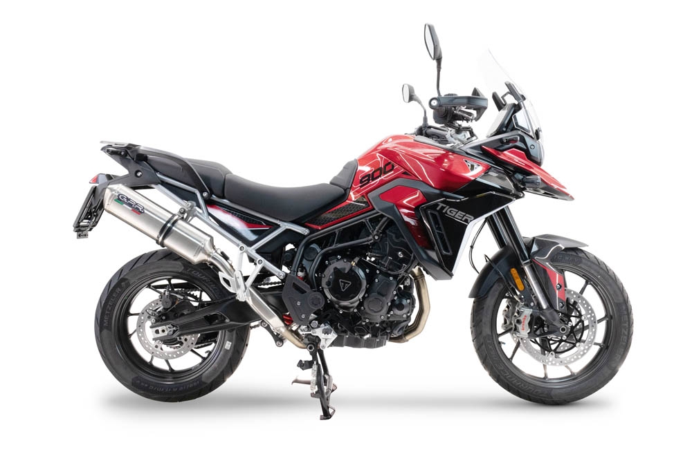 Scarico compatibile con Triumph Tiger 900 GT / Pro / Rally Pro 2024-2025, Satinox , Scarico omologato, silenziatore con db killer estraibile e raccordo specifico