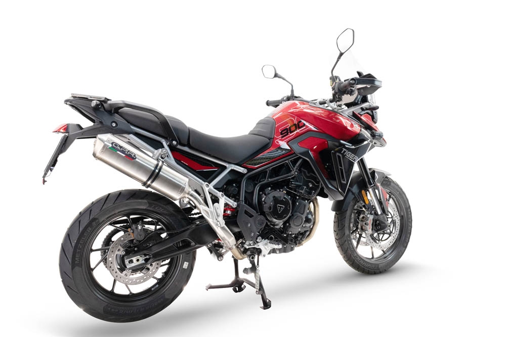 Scarico compatibile con Triumph Tiger 900 GT / Pro / Rally Pro 2024-2025, Satinox , Scarico omologato, silenziatore con db killer estraibile e raccordo specifico