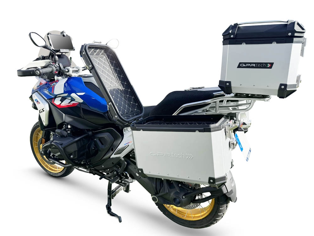 GPR TECH COMPATABILE CON BMW R 1300 GS Adventure 2023/2025 GPR TECH TRITTICO DI VALIGIE IN COLORE ARGENTO, TOP CASE 45 LT + VALIGIE LATERALI 38 LT. + 38 LT. + TELAIO SPECIFICO NERO 