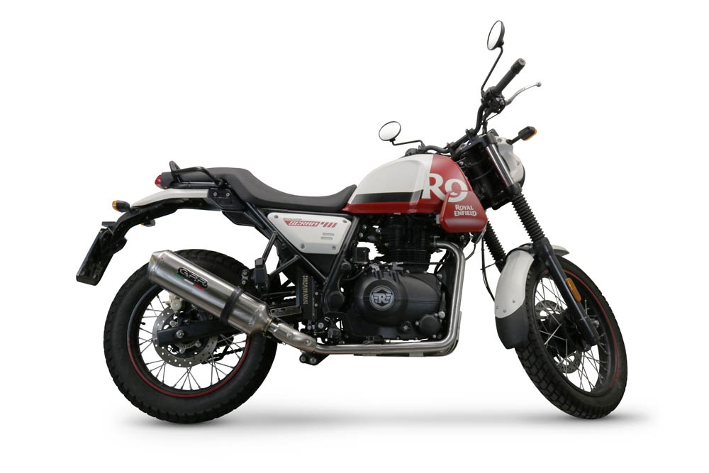 Scarico compatibile con Royal Enfield Scram 411 2022-2024, Satinox , Terminale di scarico omologato,fornito con db killer estraibile,catalizzatore e collettore