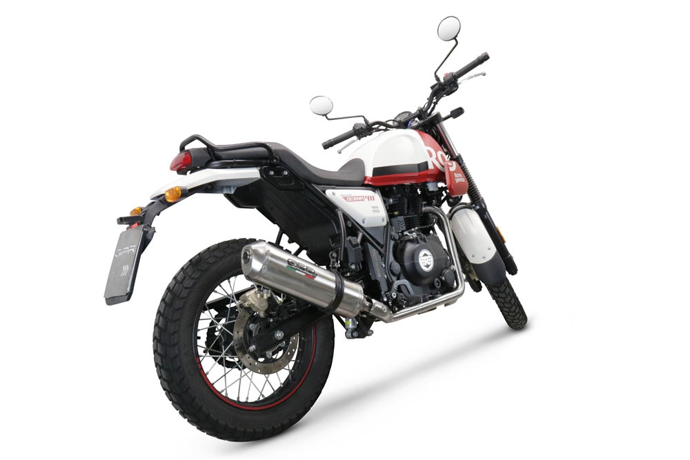 Scarico compatibile con Royal Enfield Scram 411 2022-2024, Satinox , Terminale di scarico omologato,fornito con db killer estraibile,catalizzatore e collettore
