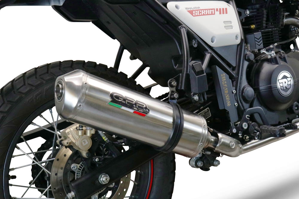 Scarico compatibile con Royal Enfield Scram 411 2022-2024, Satinox , Terminale di scarico omologato,fornito con db killer estraibile,catalizzatore e collettore
