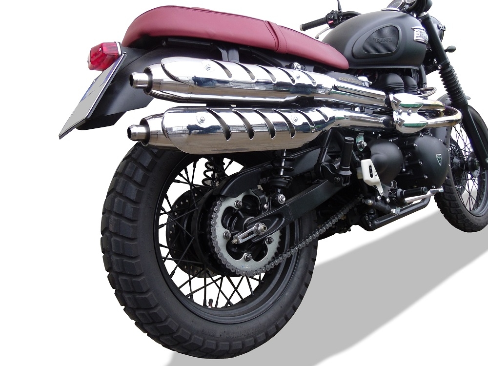 Scarico compatibile con Triumph Scrambler 900 2006-2014, Deeptone Inox, Coppia di terminali di scarico omologati, forniti con db killer removibili e raccordi specifici