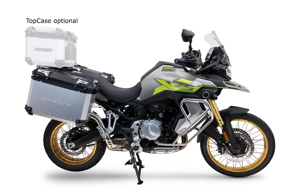 Pair of side cases aluminum made with contoured right side, silver color with specific pannier silver holder GPR TECH compatible with  Voge 900DSX 2024/2025 e5